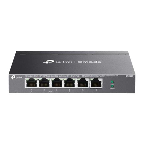 Omada 6-Port 10/100 Mbps Desktop Switch with 4-Port PoE+ PORT: 4× 10/100 Mbps PoE+ Ports, 2× 10/100 Mbps Non-PoE Ports SPEC: 802.3at/af, 67 W PoE Power, Desktop Steel Case FEATURE: Extend Mode for 250m PoE Transmitting, Priority Mode for Port1-2, Plug and Play