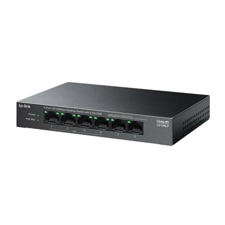 LS106LP "6-Port 10/100 Mbps Desktop Switch with 4-Port PoE PORT: 4× 10/100 Mbps PoE Ports, 2× 10/100 Mbps Non-PoE Ports SPEC: 802.3af, 41 W PoE Power, Desktop Steel Case FEATURE: Extend Mode for 250m PoE Transmitting, PoE Auto Recovery, Plug and Play"