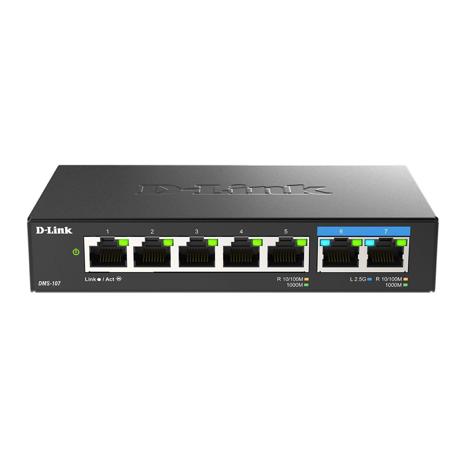 D-Link switch DMS-107, 7 porturi, Standarde si protocoale: IEEE 802.3 10BASE-T,  IEEE 802.3u 100BASE-TX,  IEEE 802.3ab 1000BASE-T,  IEEE 802.3bz 2.5GBASE-T5 porturi Gigabit, 2 porturi 2.5Gbps,  Capacitate 20 Gbps, fara ventilator, carcasa metal, dimensiuni: 145 x 82 x 28 mm, Greutate: 295.2 g, Auto