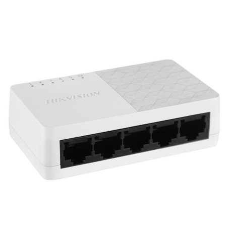Switch Hikvision DS-3E0505D-O: 5 x 10/100/1000 Mbps ethernet port, 5 × Gigabit RJ45 port, tensiune alimentare: 5 VDC, 0.6 A, dimensiuni: 87.00 mm × 25.00 mm × 51.00 mm, greutate:  0.059kg, montare pe birou.