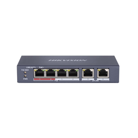 Switch PoE Hikvision DS-3E0106P-E/M(B): 4 x 10/100Mbps PoE port, and 2 × 10/100Mbps RJ45 port, 4 porturi PoE maxim 30W, buget PoE 35W, tensiune alimentare 48 VDC, 0.8 A, dimensiuni: 145 mm × 68.45 mm × 25.6 mm, greutate: 0.27kg, montare pe birou sau pe perete.