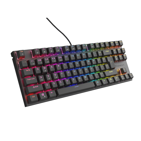 Tastatura gaming mecanica cu fir Genesis Thor 303 TKL, iluminare RGB, switch Linear, switch model Outemu Peach Silent, numar taste 87, 11 butoane multimedia, lungime cablu 1.8m, dimensiuni 355 x 136 x 36 mm, negru