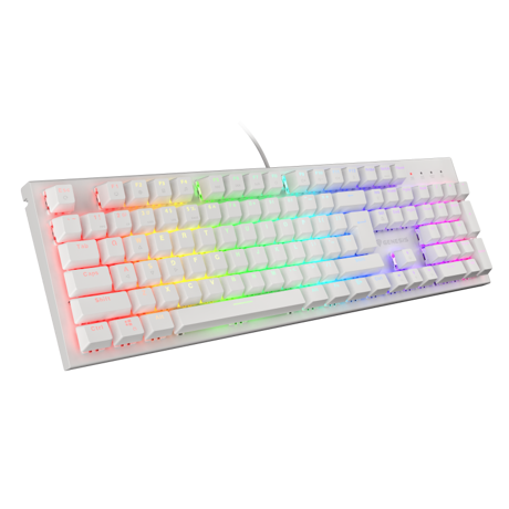 Tastatura gaming mecanica cu fir Genesis Thor 303, iluminare RGB, switch Tactile, switch model Outemu Brown, numar taste 104, 11 butoane multimedia, lungime cablu 1.8m, dimensiuni 442 x 136 x 36 mm, alb