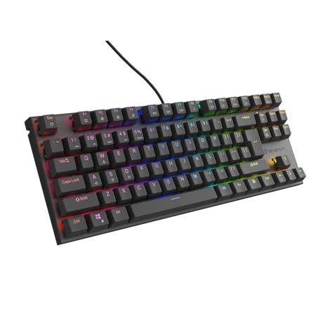 Tastatura gaming mecanica cu fir Genesis Thor 303 TKL, iluminare RGB, switch Linear, switch model Outemu Red, numar taste 87, 11 butoane multimedia, lungime cablu 1.8m, dimensiuni 355 x 136 x 36 mm, negru