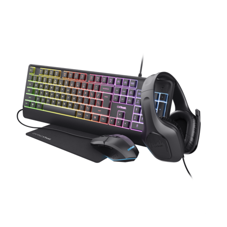 Kit Trust GXT 792 Quadrox 4-in-1, kitul contine: casti gaming, tastatura gaming, mouse gaming, mousepad, adaptor