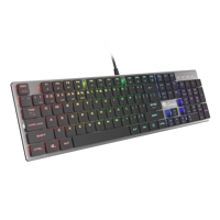 Tastatura gaming mecanica cu fir Genesis Thor 420 , iluminare RGB, switch Content Slim Blue, numar taste 104, 12 butoane multimedia, lungime cablu 165m, dimensiuni 418 x 113 x 24 mm, gri