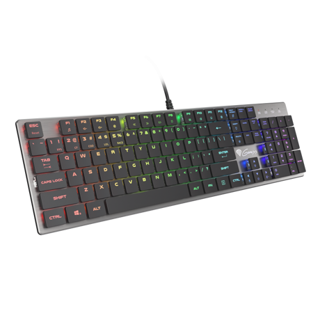 Tastatura gaming mecanica cu fir Genesis Thor 420 , iluminare RGB, switch Content Slim Blue, numar taste 104, 12 butoane multimedia, lungime cablu 165m, dimensiuni 418 x 113 x 24 mm, gri