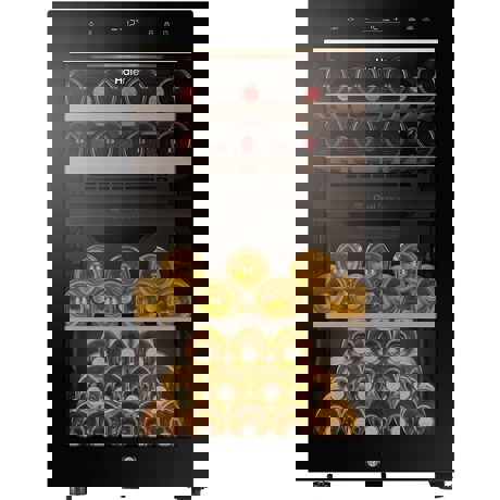 Vitrina de vinuri Haier HWS42GDAU1, 42 sticle, WiFi, LED, dual zone, Usa reversibila, Clasa G, H 82 cm, Negru