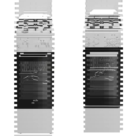 Aragaz Arctic ABGM6611DTTL, Gaz 4 arzatoare, Aprindere electrica plita/cuptor, Safety Plus, Grill gaz, Rotisor, Timer, Arzatoare cu eficienta ridicata, 60 cm, Alb