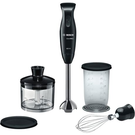 Blender de mana Bosch CleverMixx MSM2650B, 600W, Vas mixare cu capac, Minitocator, Tel, 1 viteza, Lame otel, Negru