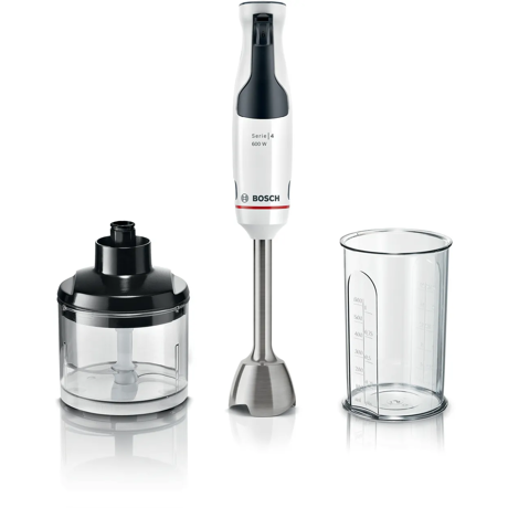 Blender de mana ErgoMaster Bosch MSM4W220, 600 W, minitocator,vas gradat, cutit QuattroBlade System cu 4 laturi, negru/argintiu