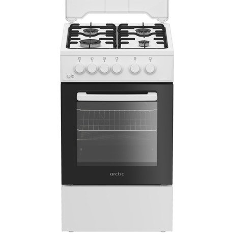 Aragaz Arctic AGM5610FL, Gaz, 4 arzatoare, Aprindere electrica plita/cuptor, Safety Plus, Arzatoare cu eficienta ridicata, Iluminare interioara, Timer, 50x60 cm, Alb