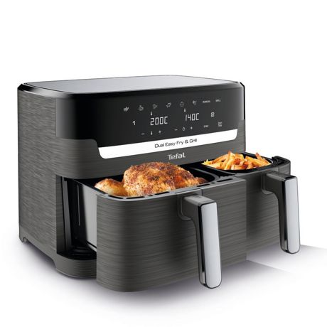 Friteuza cu aer cald Tefal Dual Easy Fry & Grill EY905B10, 2700 W, capacitate 8.3 L, 8 programe automate, Tehnologia ExtraCrisp, vas detasabil antiadeverent, Display LCD, gri