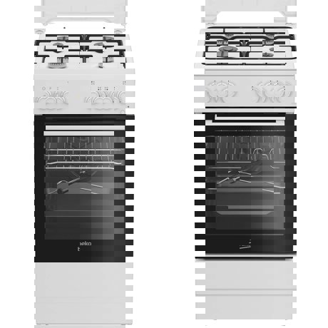 Aragaz Beko FBST62110DW, Mixt, 4 arzatoare cu eficienta ridicata, Aprindere electrica, Grill, Rotisor, Clasa A, 60 cm, Alb