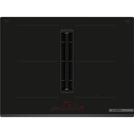 Plita incorporabila Bosch PVQ731H26E, Inductie, 4 zone de gatit, Multitouch+, CombiInduction, Hota integrata, Putere absorbtie 500mc/h, Home Connect, PerfectFry Plus , 70 cm, Negru
