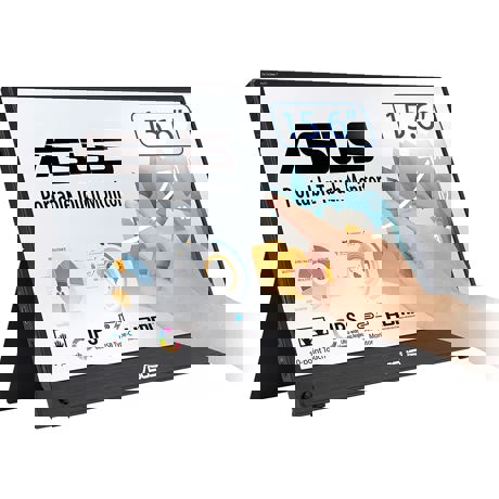 ASUS ZenScreen Touch MB16AHT portable monitor — 15.6-inch FHD (1920 x 1080), IPS, aspect ratio: 16:9, brightness: 250cd/cm2, contrast: 700:1, response time: 5ms(GtG), refresh rate: 60Hz, 10-point touch, USB-C x 2 (DP Alt Mode), Earphone Jack, Mini-HDMI, ergo kickstand, tripod socket, ASUS Flicker