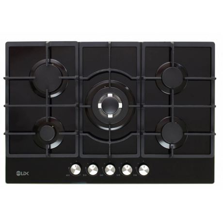 Plita incorporabila LDK MARBELLA WOK JZ5BK75, Gaz, 5 arzatoare, 1 arzator WOK, Gratare fonta, Aprindere electrica, Siguranta gaz, 75 cm, Negru, ART11727