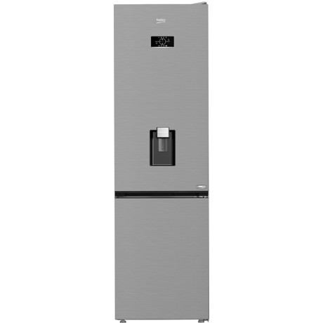 Combina frigorifica Beko B3RCNA404HDXB1, Beyond, No Frost, tehnologie AeroFlow, HarvestFresh, Dairy, Water dispenser, control electronic-tact display, vol. net 355 l (util 249 + 106), clasa energetica E, MaxStore, fast freeze, usi reversibile, 203.5x59.5x66.3 (lxLxA, cm), culoare Metal Look, maner integrat.