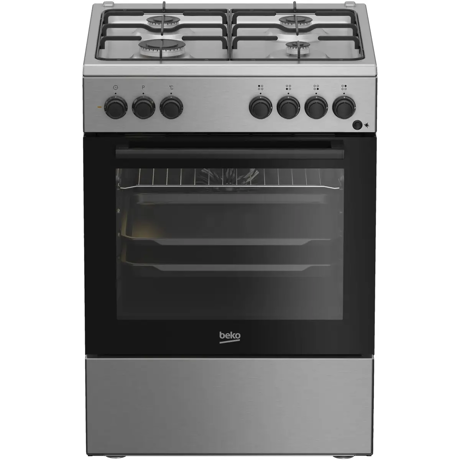 Aragaz mixt Beko FBSE62120XD, 4 arzatoare cu eficienta ridicata, suprafata plita din metal, aprindere buton, suport vase emailat,  cuptor electric, 6 functii,  functie Booster, curatare cu abur, grill electric, curatare SteamShine, iluminare cuptor, clasa energetica A, accesorii: 1 x tava standard, 1 tava prajituri, gratar, 85x60x60 (IxLxA, cm), culoare Inox/Argintiu