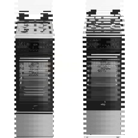 Aragaz Beko FBSM62530DXMS, 4 arzatoare cu eficienta ridicata, suport vase din fonta, autocuratare catalitica, aprindere electrica integrata, geam detasabil usor de curatat, LED display Good+, cuptor electric  cu 8 functii, grill electric, gatire 3D, iluminare cuptor, timer digital, capac sticla, 85x60x60 (IxLxA, cm), accesorii: tava adanca, tava copt, gratar, clasa energetica A, culoare: sticla neagra + inox