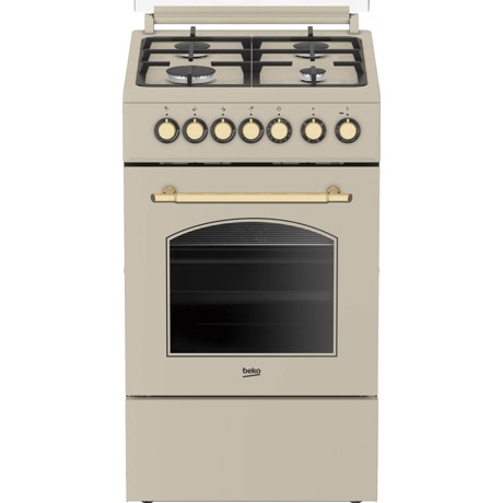 Aragaz rustic mixt Beko FSE52135DCRSN, 4 arzatoare cu eficienta ridicata, gratare din fonta, aprindere electrica integrata, grill electric, cuptor electric, 6 functii de gatire, rotisor,  iluminare cuptor, timer mecanic, capac metal, compartiment pentru tavi, dispozitiv siguranta cuptor si plita, 85x50x60 (IxLxA, cm), culoare: crem