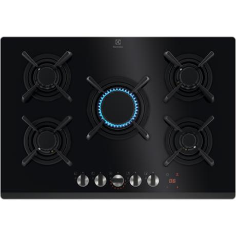 Plita incorporabila Electrolux KGG753753K, Gaz, 5 arzatoare, Aprindere electrica, Gratare fonta, Timer electronic, Conectivitate hota, 75 cm, Negru