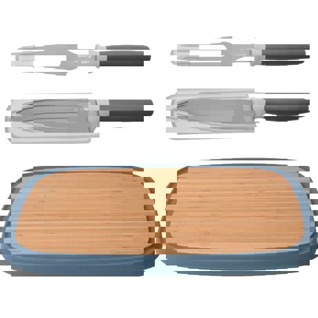 Set pentru transat, 3 piese, Furculita, Cutit, Tocator, Bambus, Otel, Multicolor